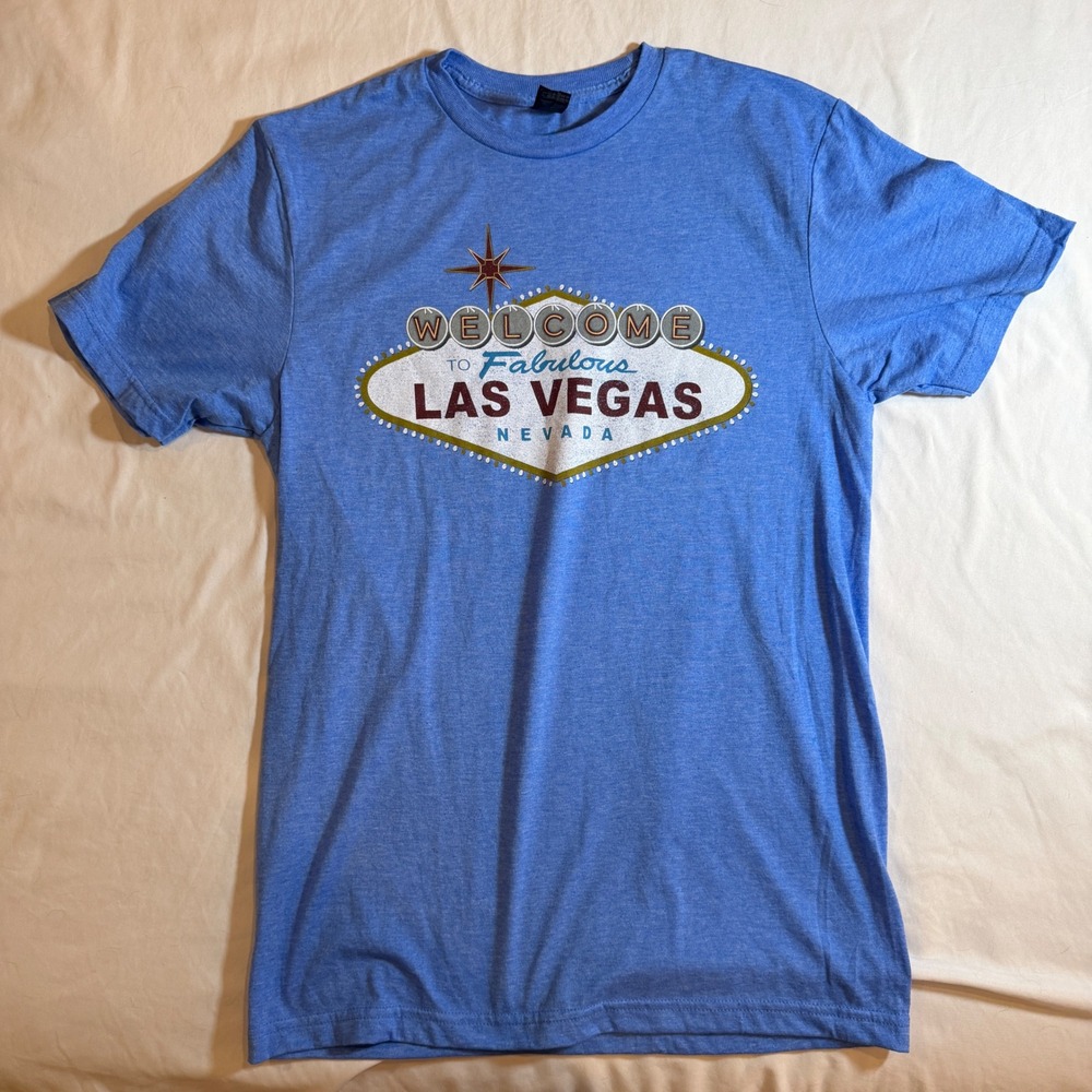 Gildan Softstyle Las Vegas Welcome Sign Graphic T-Shirt Blue Mens Small S